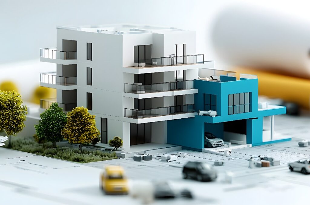Detaillierte schematische 3D-Pläne, technische Diagramme und Querschnittansichten eines modernen, minimalistischen Apartmentgebäudes mit klaren Linien und kontrastreicher Graustufendarstellung