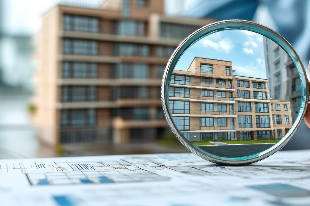 Eine Person untersucht akribisch das Modell eines Wohnhauses und die Baupläne, was auf eine Bewertung des Grundstücks und eine detaillierte Planung hindeutet