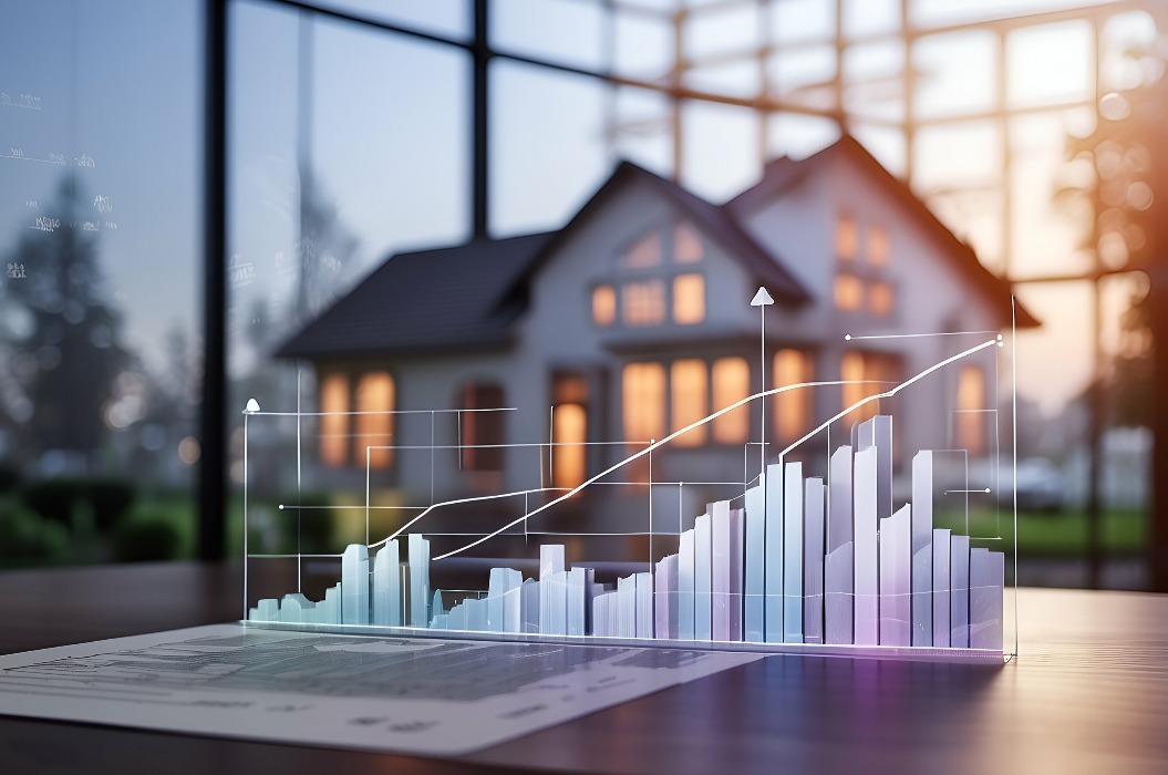 Finanzgrafiken mit Haus auf unscharfem Hintergrund